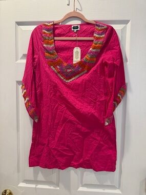 Mud Pie Hot Pink Embroidered V-Neck Tunic